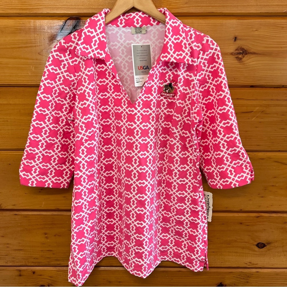Katherine Way NWT USGA logo V Neck Collared Stretchy Tunic Size Large